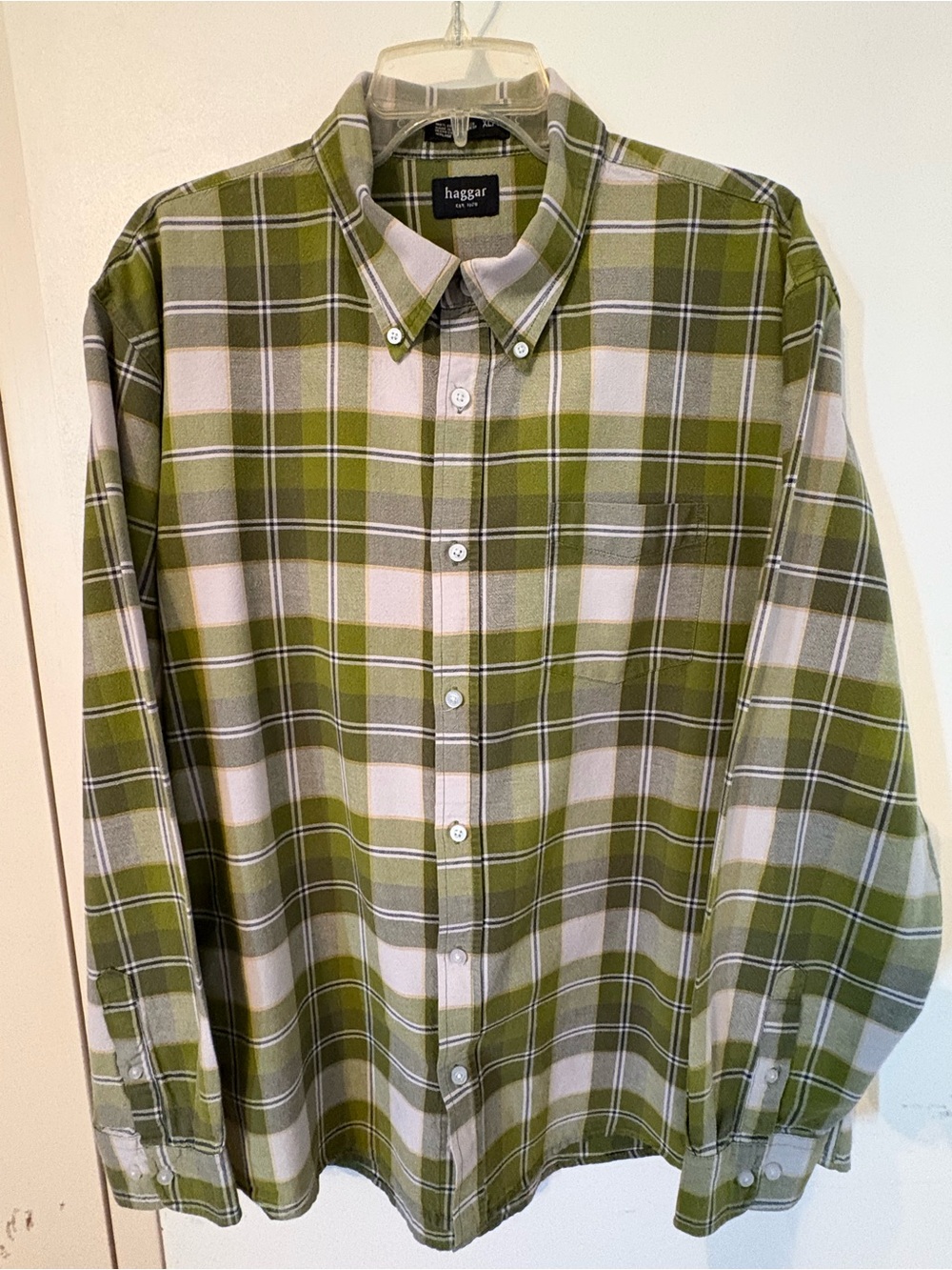 Haggar Olive & White Plaid Button-Down Shirt